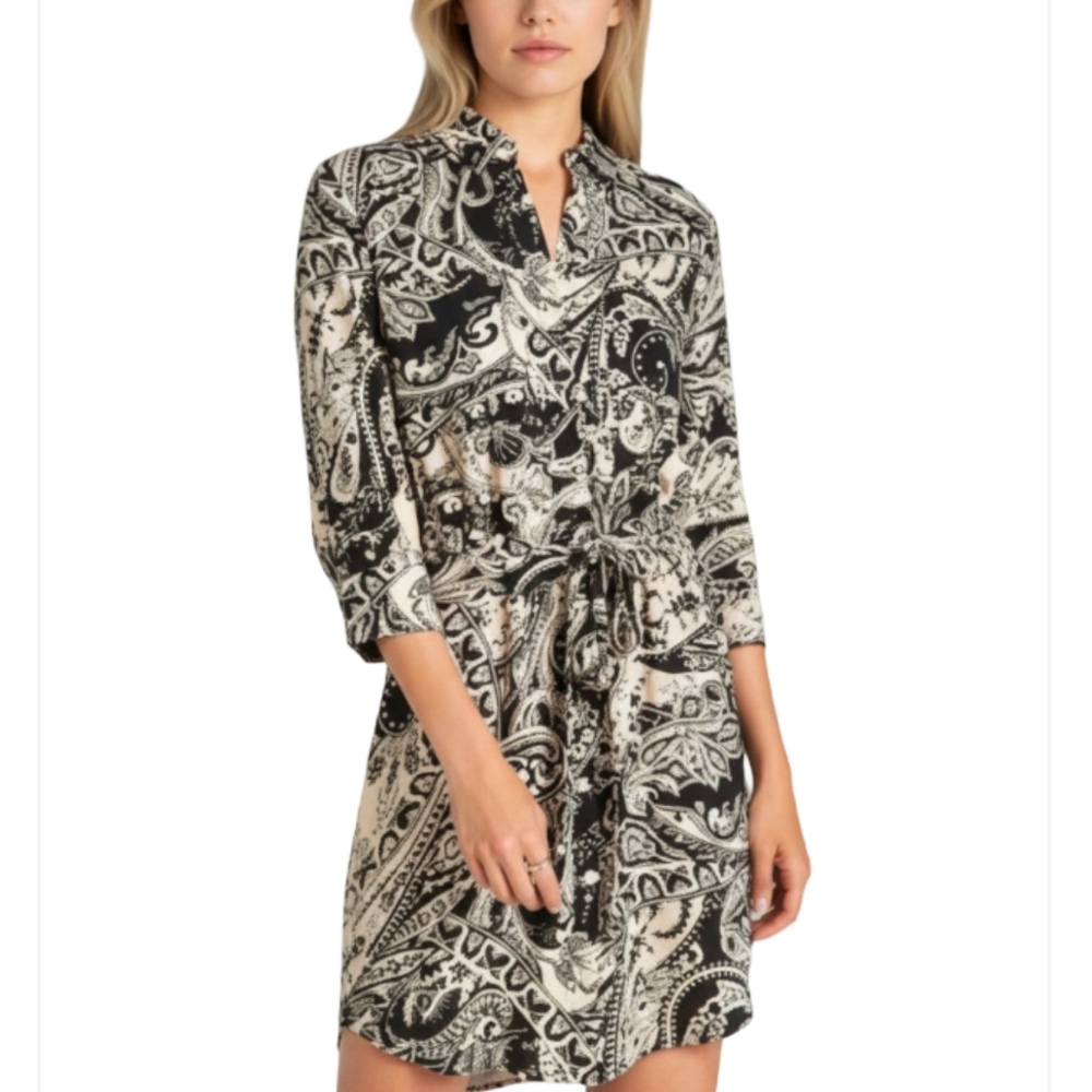 L'AGENCE Shirt Dress Size Small Black And White Monochrome Paisley Boho Chic New